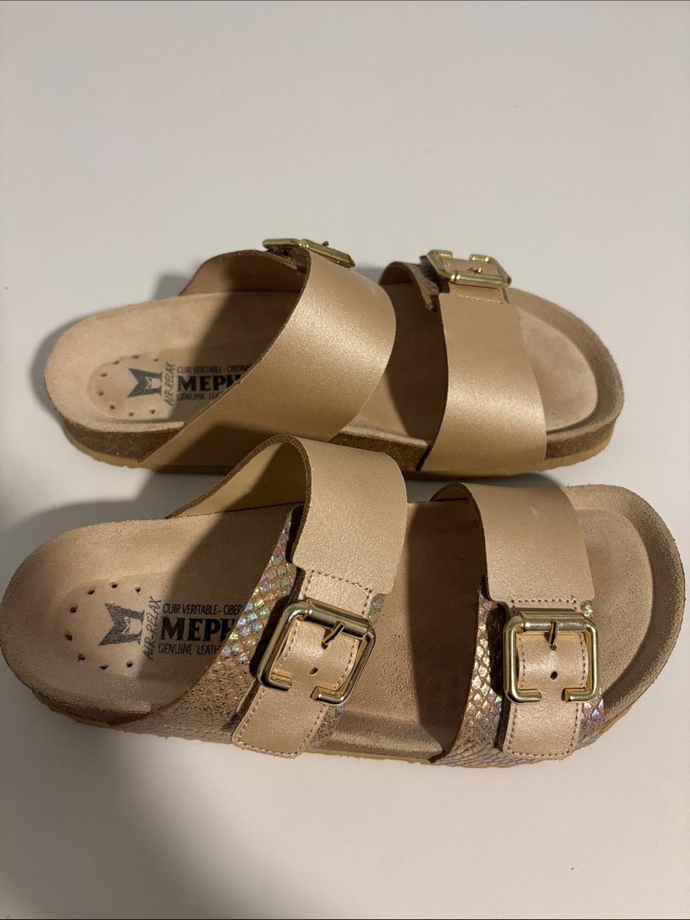Mephisto Women’s Beige Leather Double-Buckle Sandals with Gold Buckles Size 7
